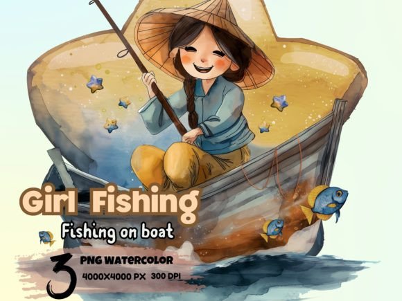 Download Watercolor Girl Fishing on Boat Clipart - Premium Resources