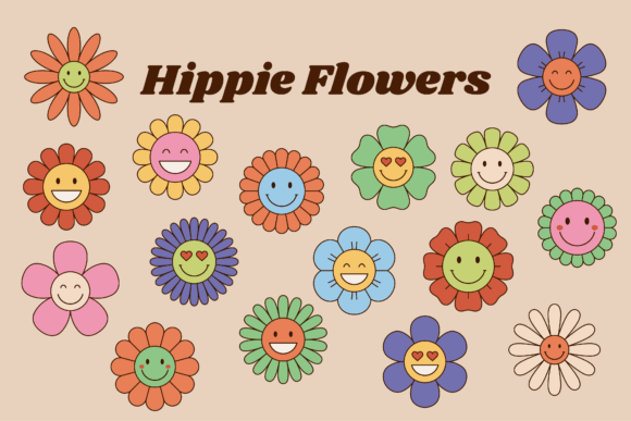 Download Hippie Flowers, Retro Flowers with Faces - Retro Collection