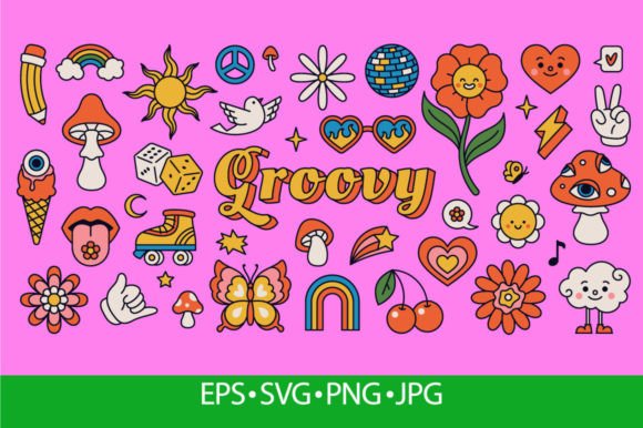 Download Retro 70s Hippie Stickers, Psychedelic - Retro Collection