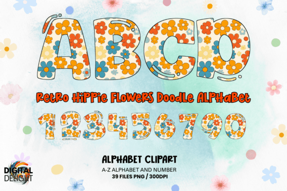 Download Retro Hippie Flowers Doodle Alphabets - Retro Collection