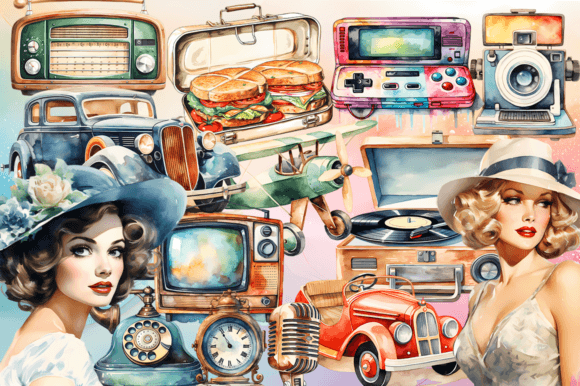 Download Retro Vintage Watercolor Clipart - Retro Collection